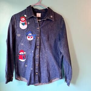Westbound Denim Shirt Womens Size Medium Snowmen Festive Teacher Vintage